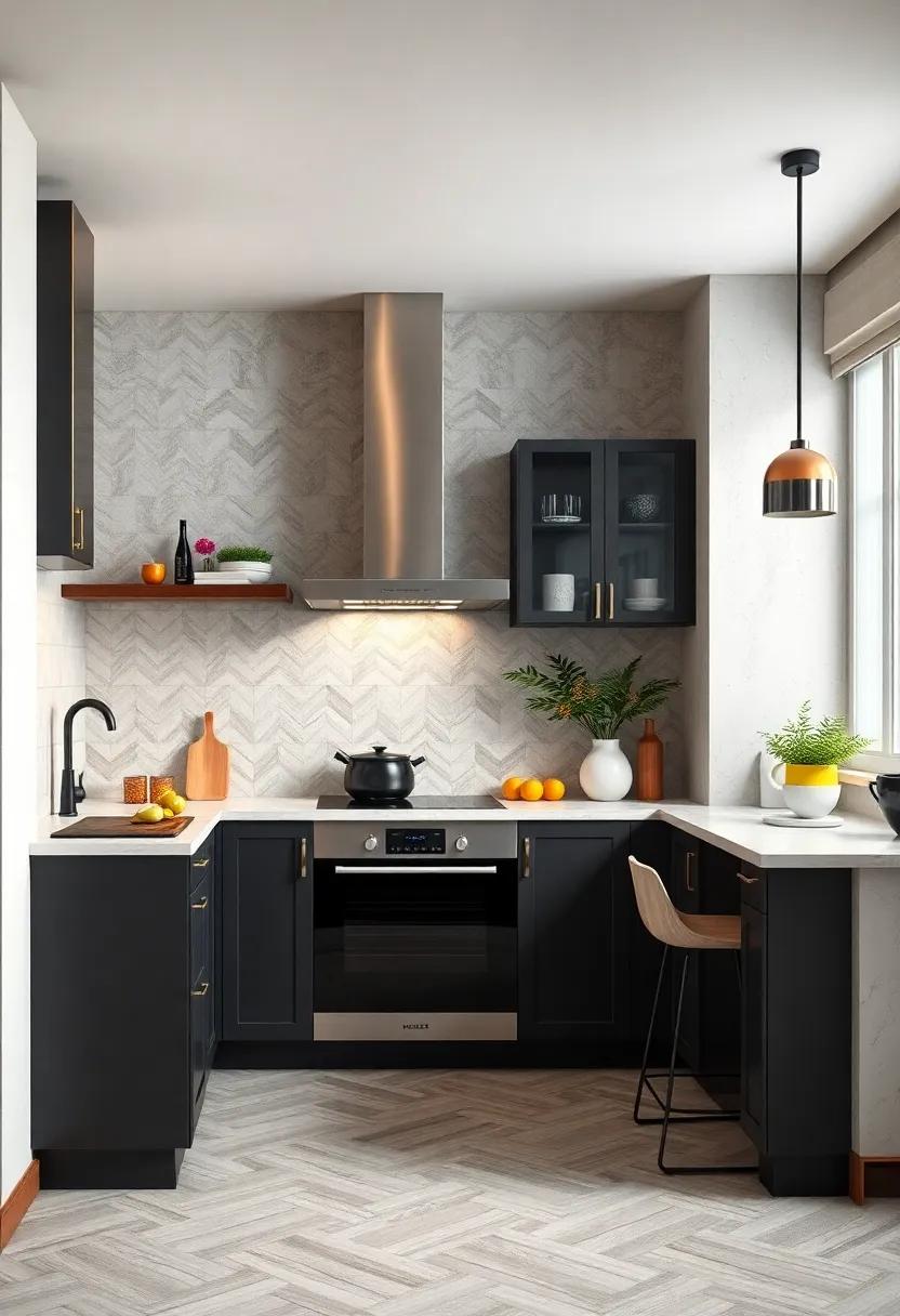 Vibrant Subway Tile Layouts Laid in Unique Herringbone or Chevron Patterns Add Movement and Energy to Small Kitchen Spaces