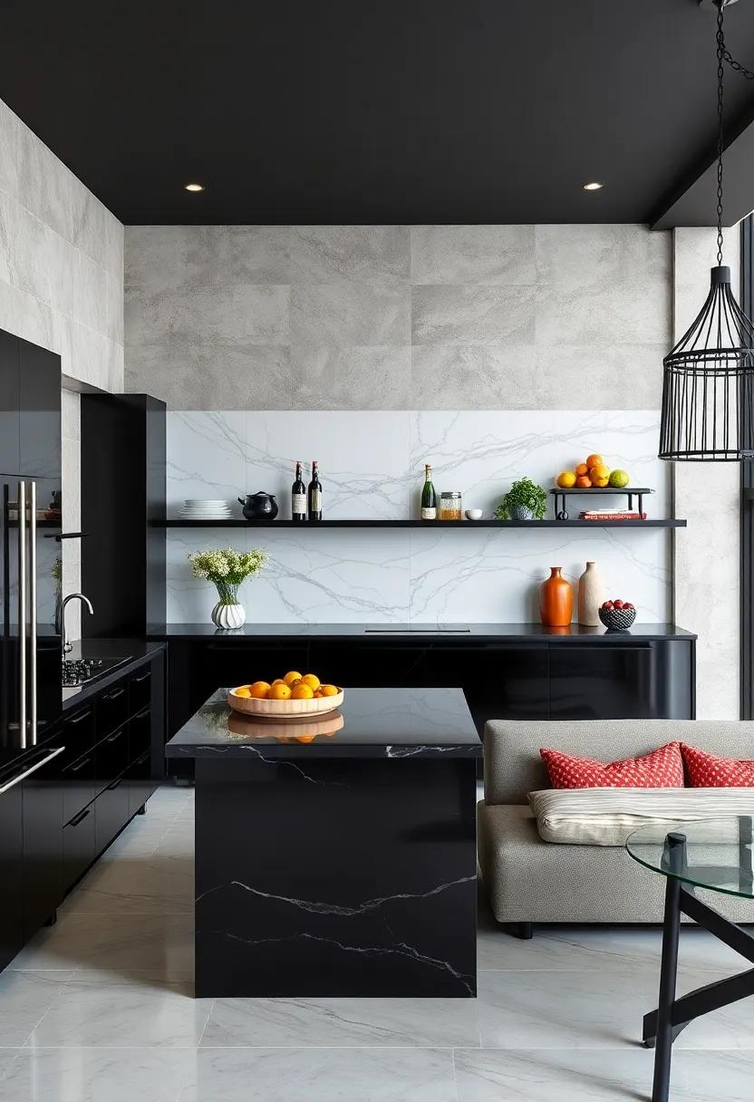 Bold Contrasts between Glossy Black Surfaces and Crisp White Backsplashes Creating Visual Drama