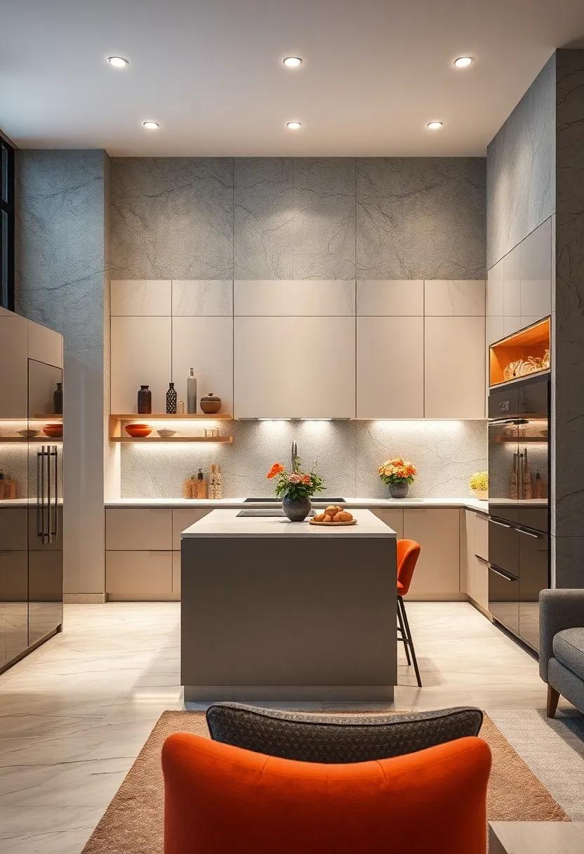 Glossy Lacquered Cabinetry with Hidden Lighting Enhancing the Sense of Depth and Openness