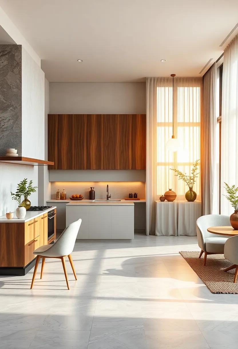 Golden Hour Sunshine Poured Through Sheer Curtains onto Neutral Color Palettes Accentuating Warmth