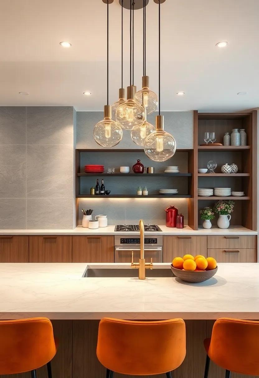 Hand-Blown Glass Pendant Clusters Creating an Artistic Focal Point Above Kitchen Workspace