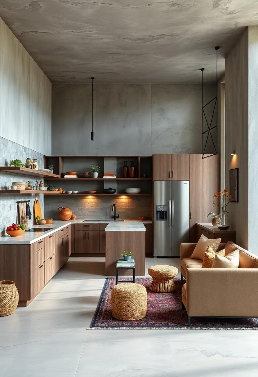 Juxtaposition of Raw Concrete and Soft Textiles Elevating Modern Industrial Kitchen Concepts