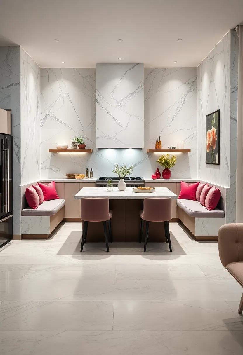 Lavish Marble Breakfast Nook Bathed in Soft Ambient Lighting with Plush Velvet Seating Accents