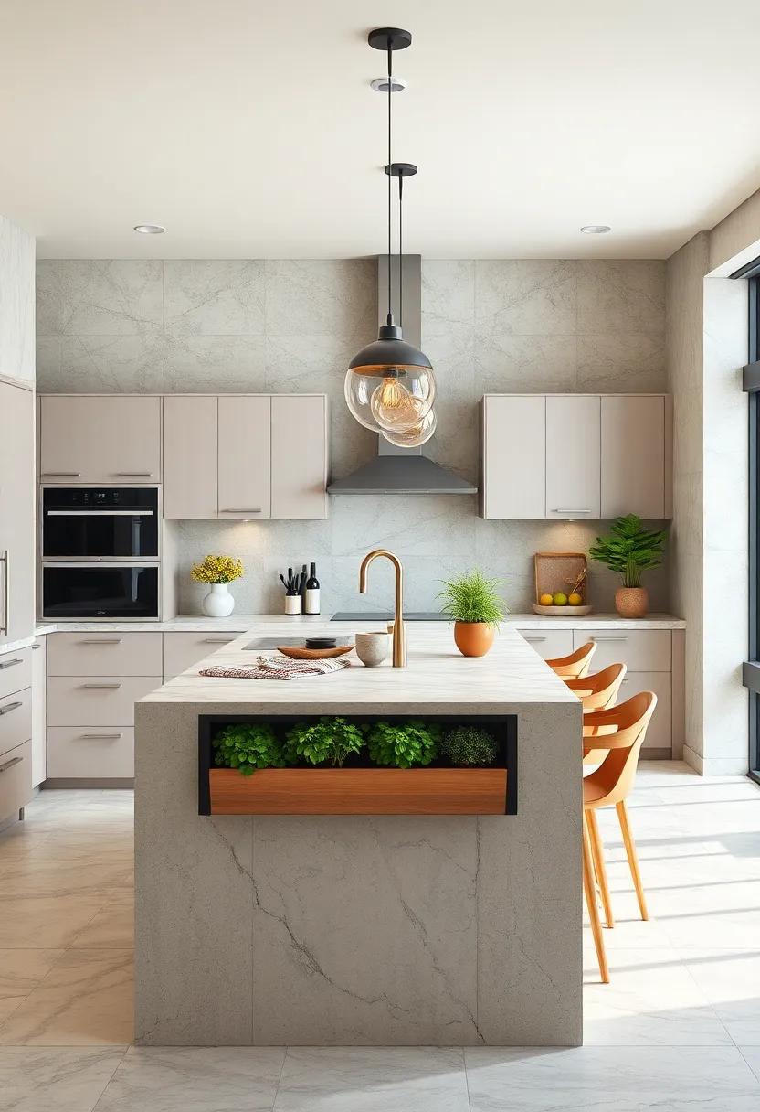 Ornamental Herb Garden Window Box Integrated into Kitchen Island Providing Fresh Aromatics and Natural Greenery