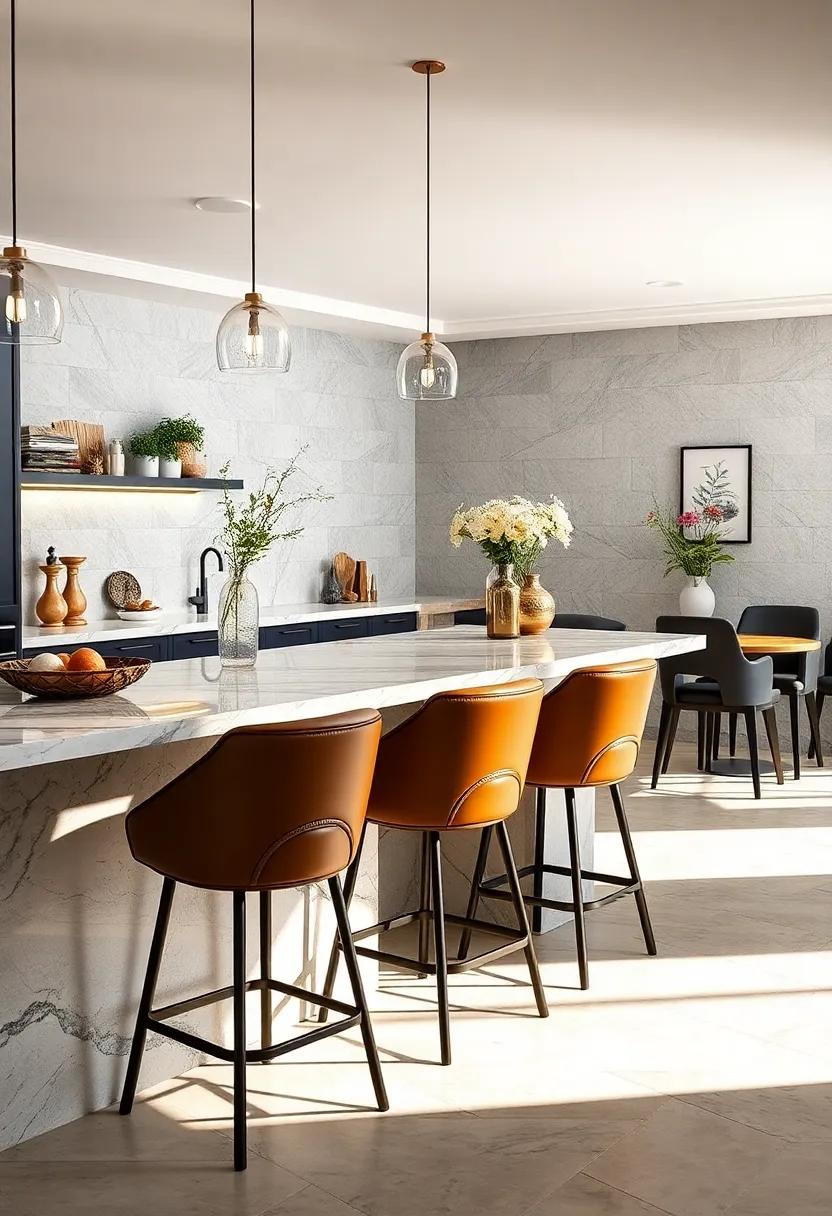 Plush Bar Stools with Leather Upholstery at a Polished Marble Counter for Stylish Casual Dining