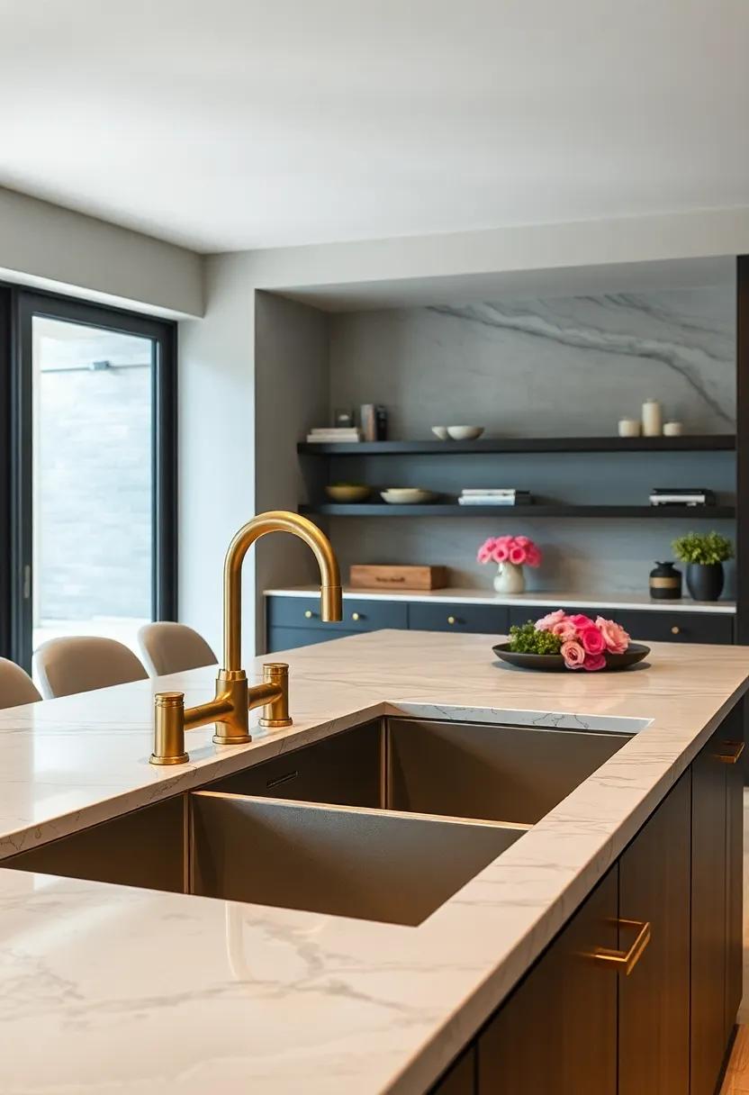 Sculptural Faucet Fixtures with Brushed Gold Detailing Centered on a Deep Undermount Sink for Refined Utility