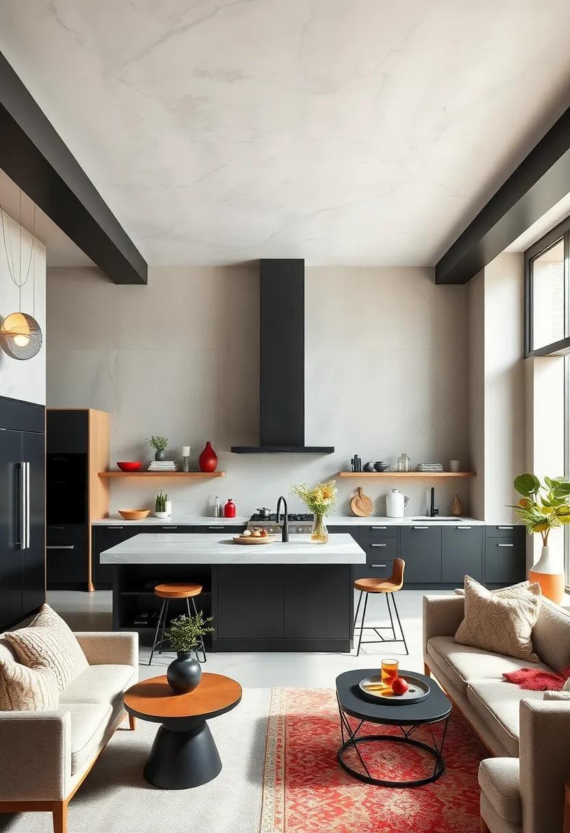 Statement Ceiling Beams with Matte Black Finish Over a Pristine Contemporary Cooking Area
