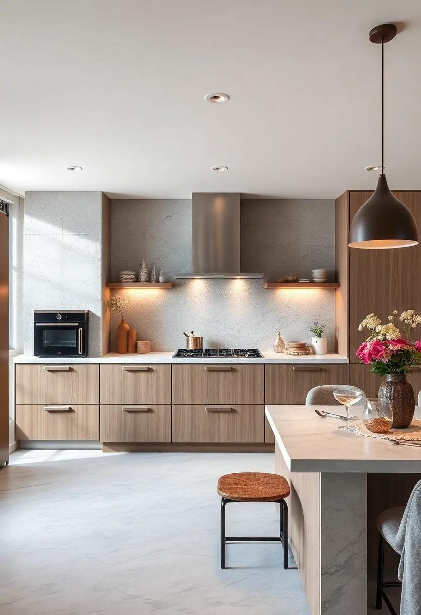 Subtle Metallic Splashbacks Reflecting Light and Adding Depth in an Otherwise Neutral Kitchen Palette