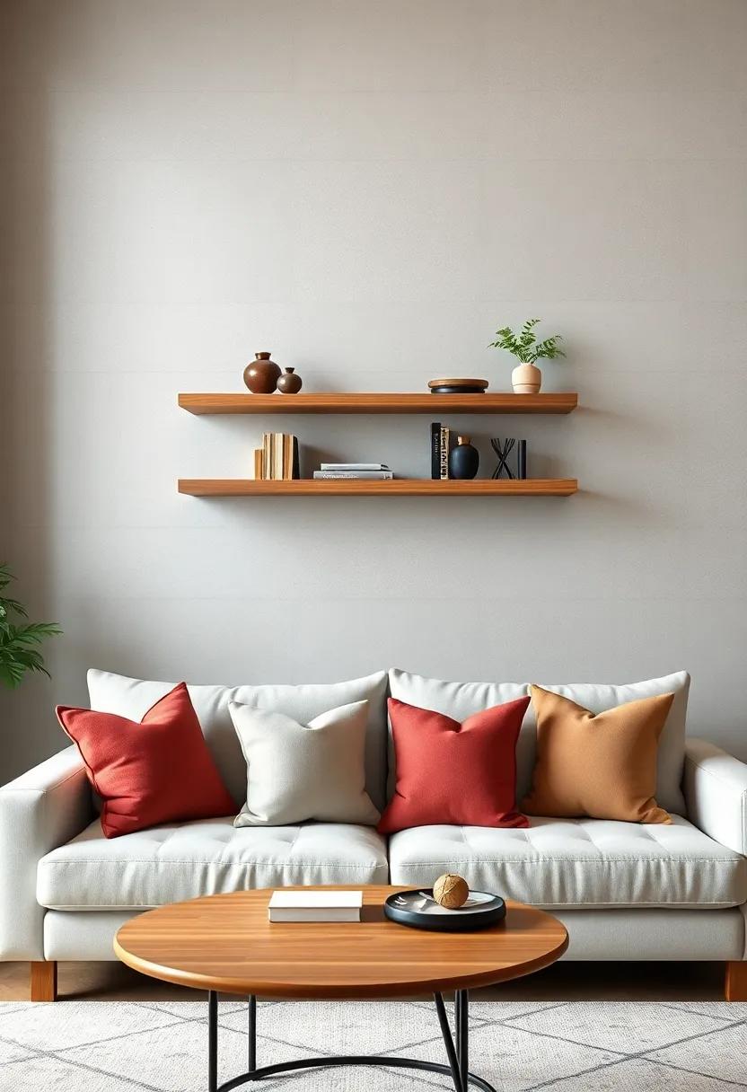 Floating Shelf Installation Above a Scandinavian Style Sofa Paired With Muted Color Throw Pillows