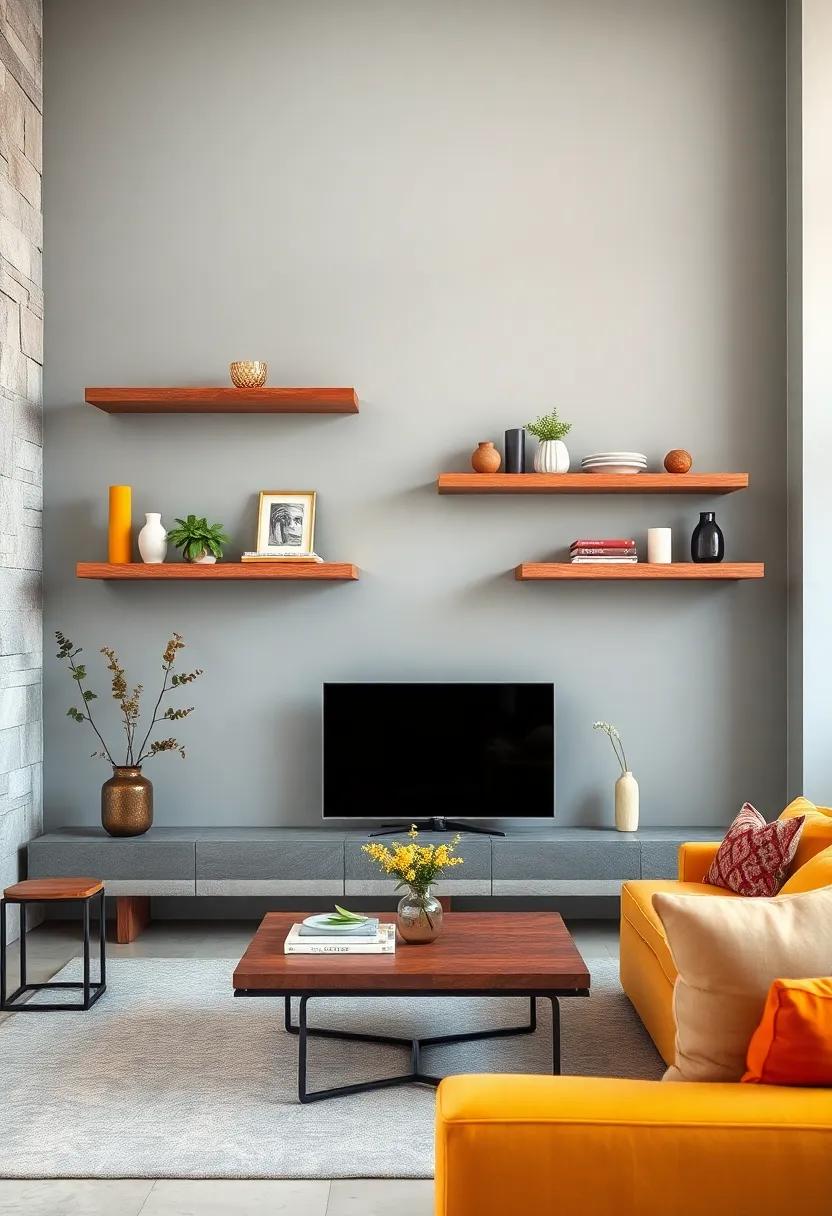 Contrasting Floating Shelf Colors and Wall Paint Choices for Dynamic, Eye-Catching Presentation
