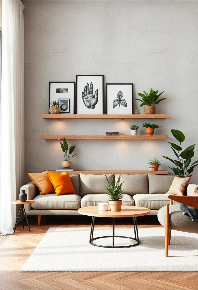 Contemporary Floating Shelves Showcasing Curated Art Pieces and Indoor Plants for a Modern Vibe