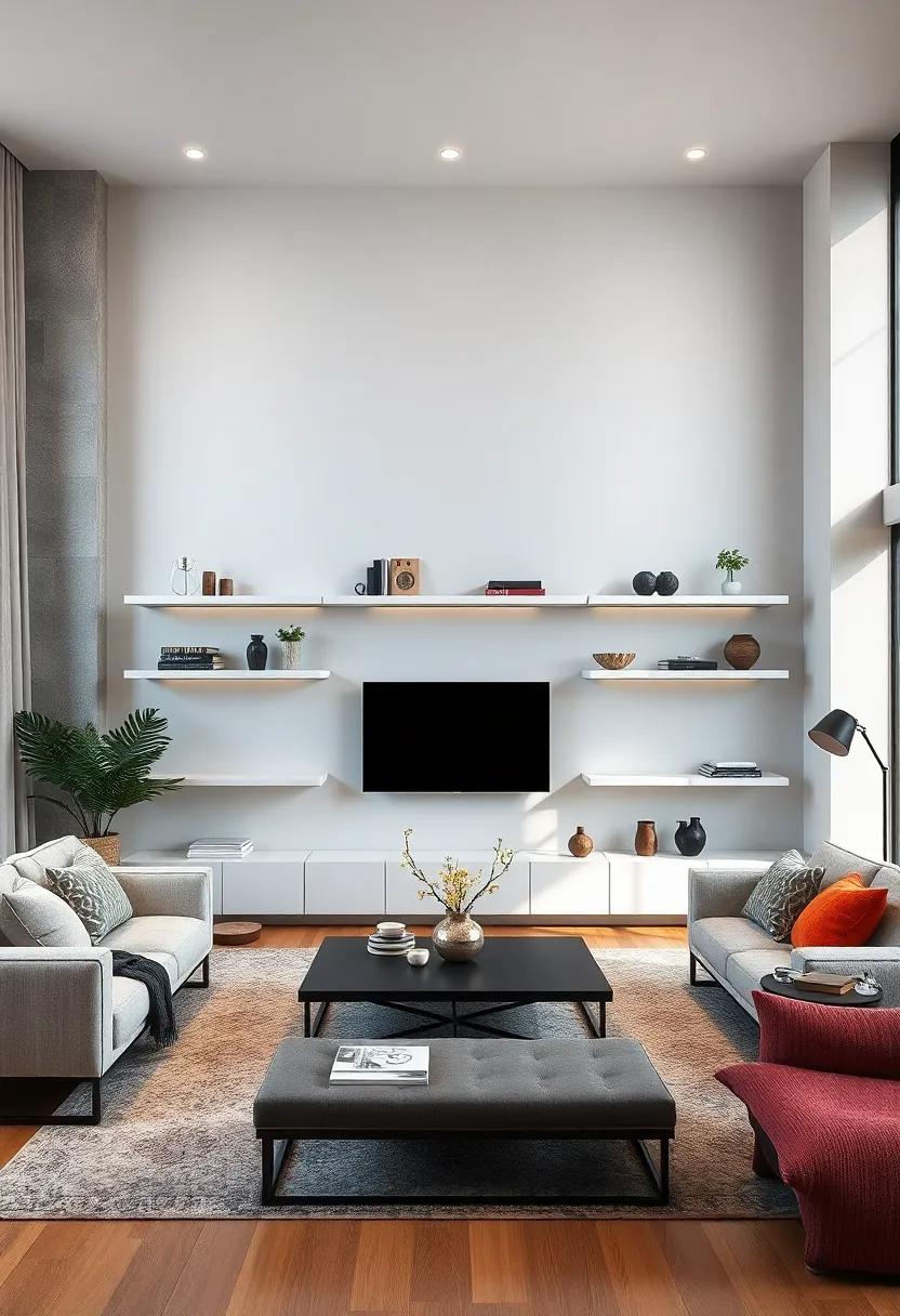 Monochrome Floating Shelves Arranged Symmetrically to Emphasize Clean Lines and Urban Style