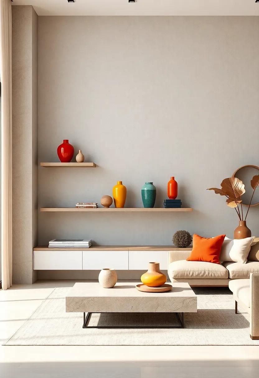 Bold Floating Shelves Supporting Vibrant Ceramic Vases and Sculptures in a Bright Living Room