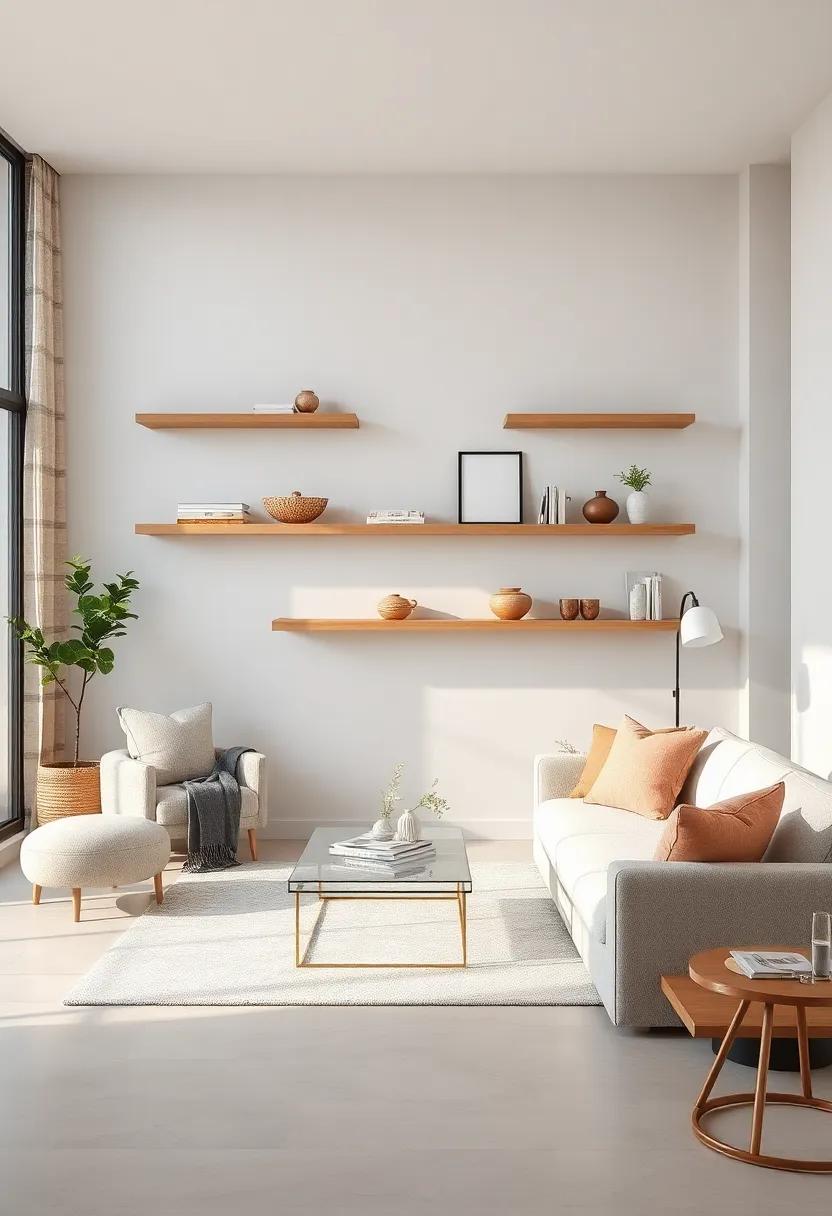 Serene Neutral Toned Floating Shelves Complementing Soft Textiles and Cozy Seating Areas