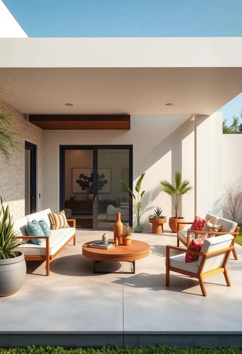 Integrating Smooth Concrete and Light Wood Finishes to Create a Cohesive Minimalist Patio Surface