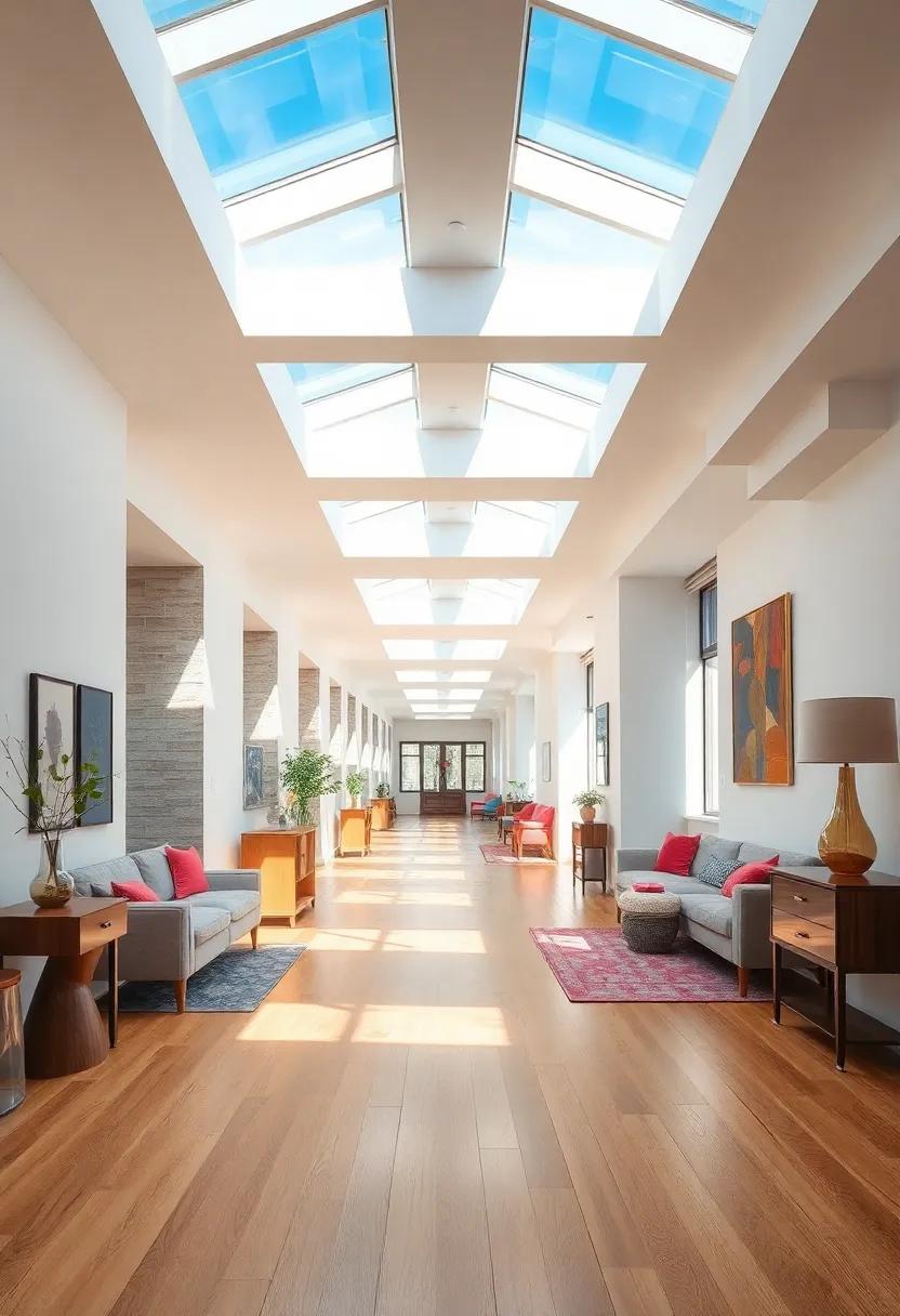 A Bright, Airy Hallway Featuring Frosted Skylights Casting Soft Shadows On Polished Wooden Floors And White Walls