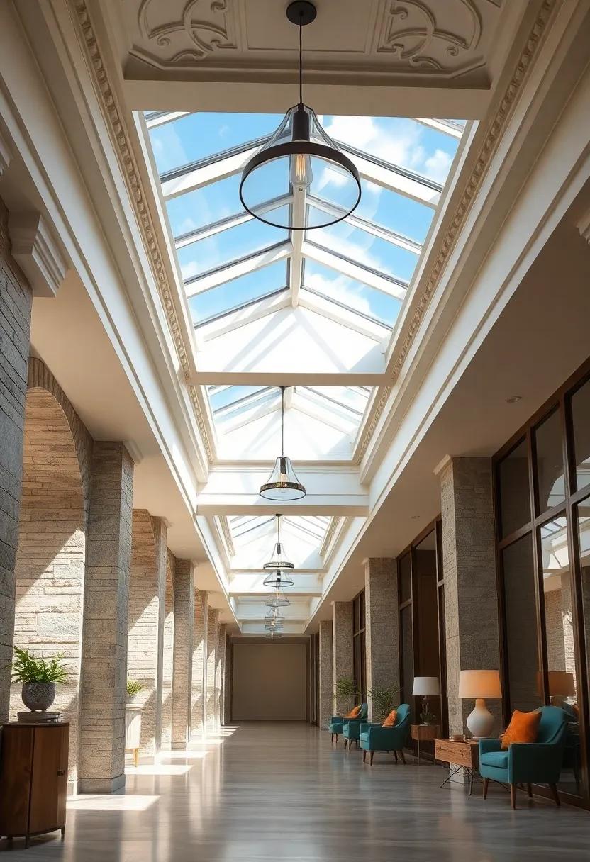 A Bright Corridor With Skylights Highlighting Intricate Ceiling Moldings And Modern Pendant Lighting Fixtures