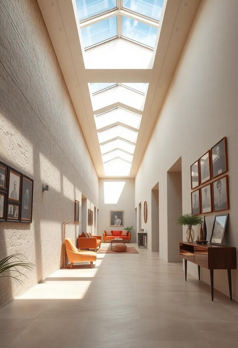 The Contrast Between Bright Skylit Areas And Shadowed Corners In A Hallway Decorated With Vintage Photographs