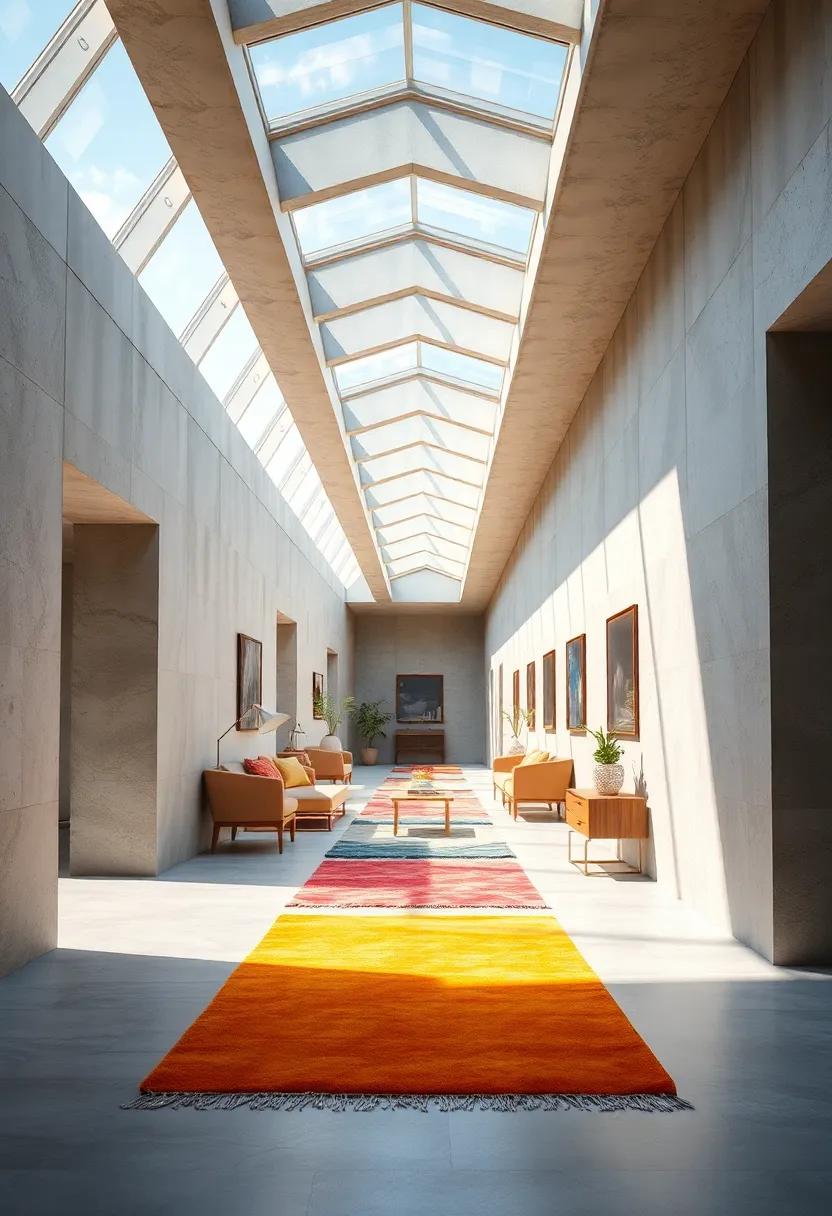 A Cozy Corridor Transformed By A Row Of Skylights Allowing Vibrant Sunbeams To Dance On Colorful Rugs