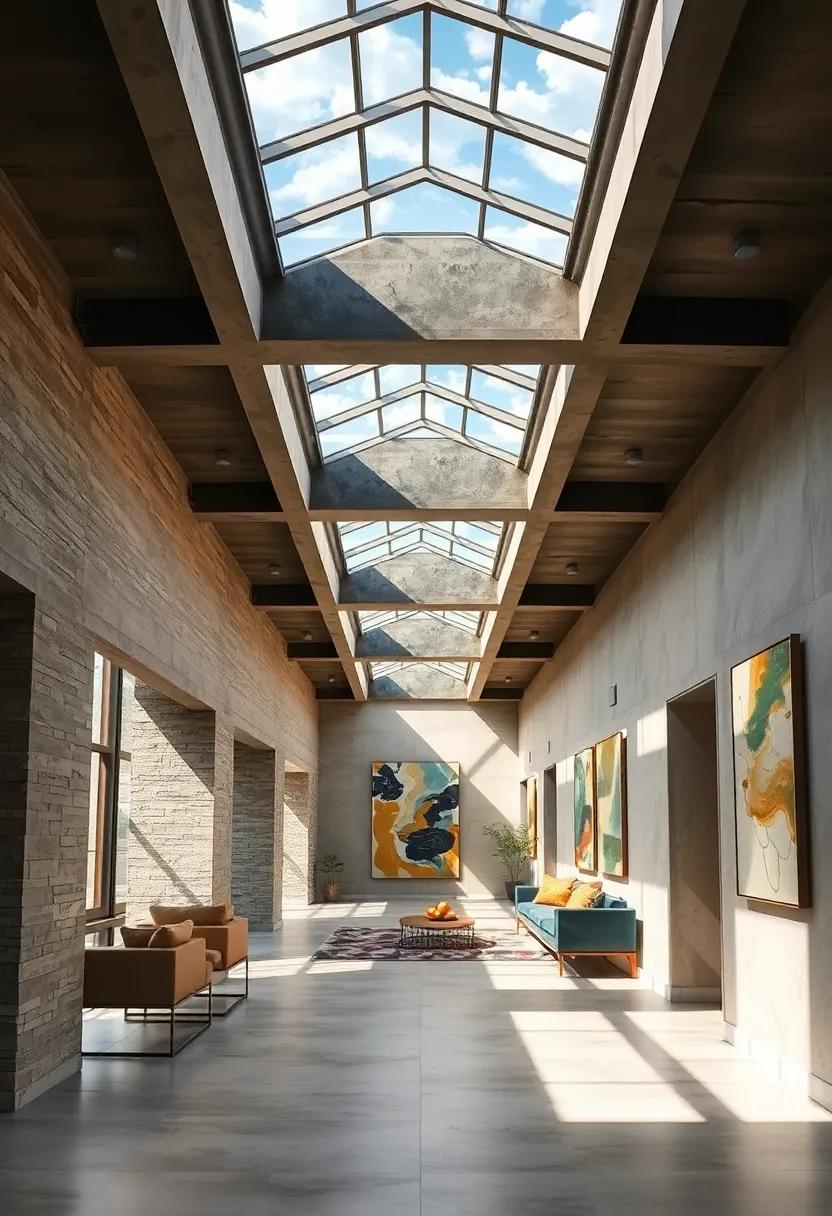 Elegant Skylight Installations Creating Dynamic Light Patterns Along A Contemporary Corridor With Abstract Art