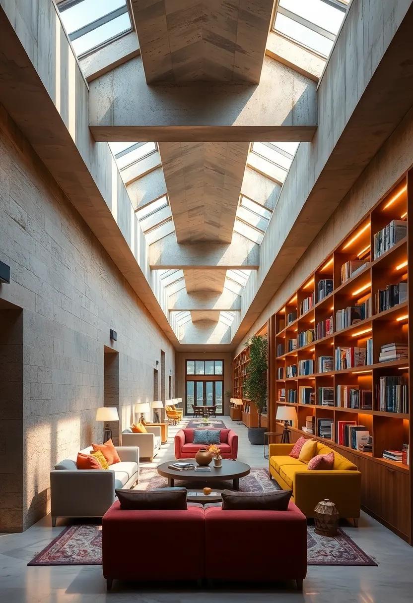 An Inviting Corridor With Skylights Casting Warm Light Over Comfortable Seating Areas And Bookshelves