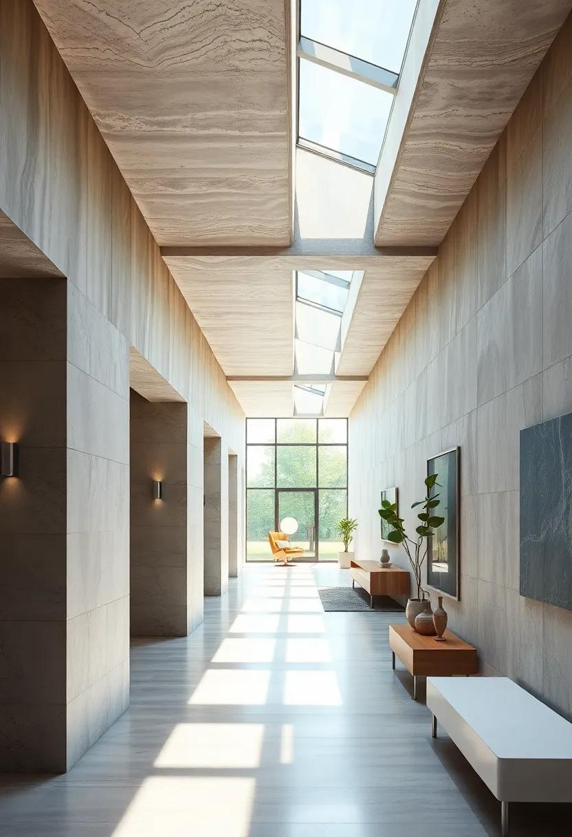 Modern Corridor Design Emphasizing The Gentle Diffusion Of Daylight From Sleek Skylight Panels Above