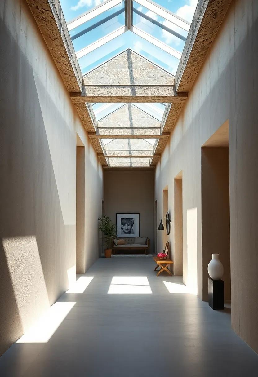 Natural Sunlight Streaming Through Skylights To Illuminate A Narrow, Serene Corridor Filled With Minimalist Decor