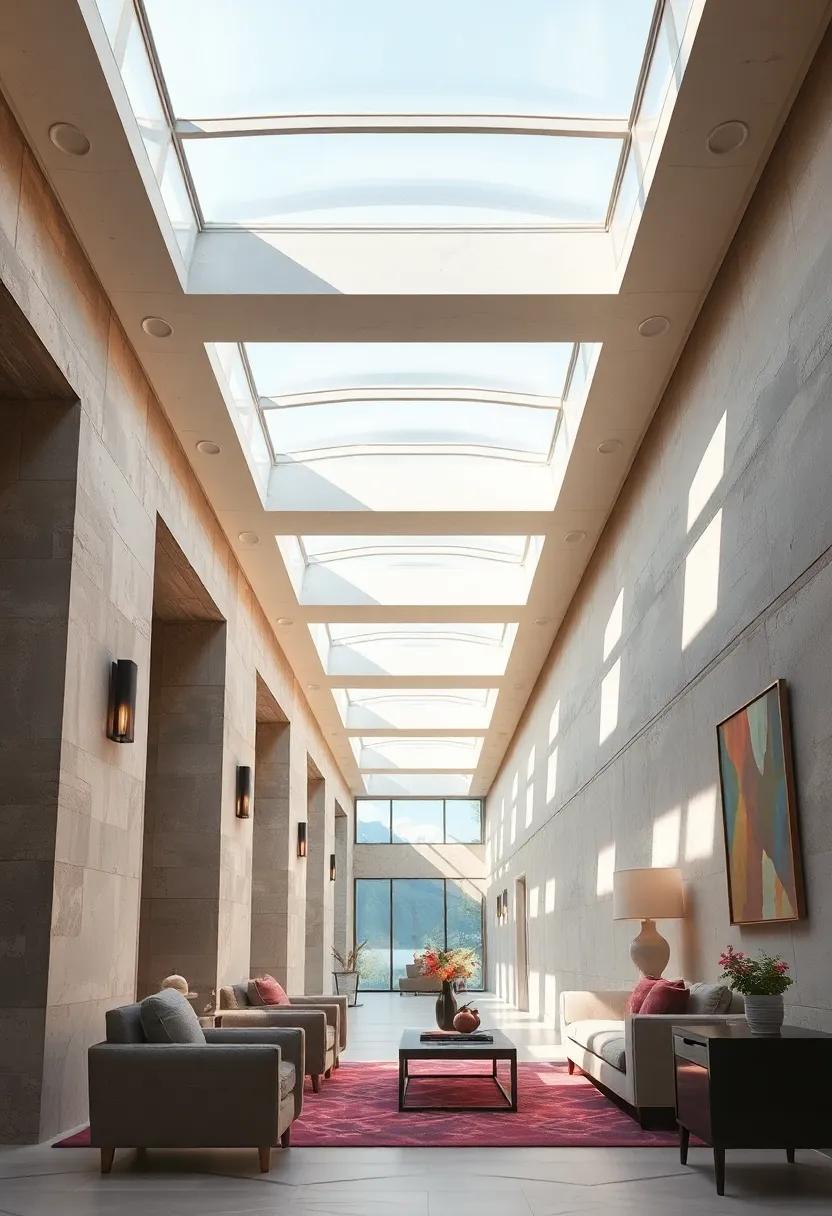 Radiant Daylight Flooding A Corridor Through Skylights With Frosted Glass Panels, Creating A Soft Glow Effect