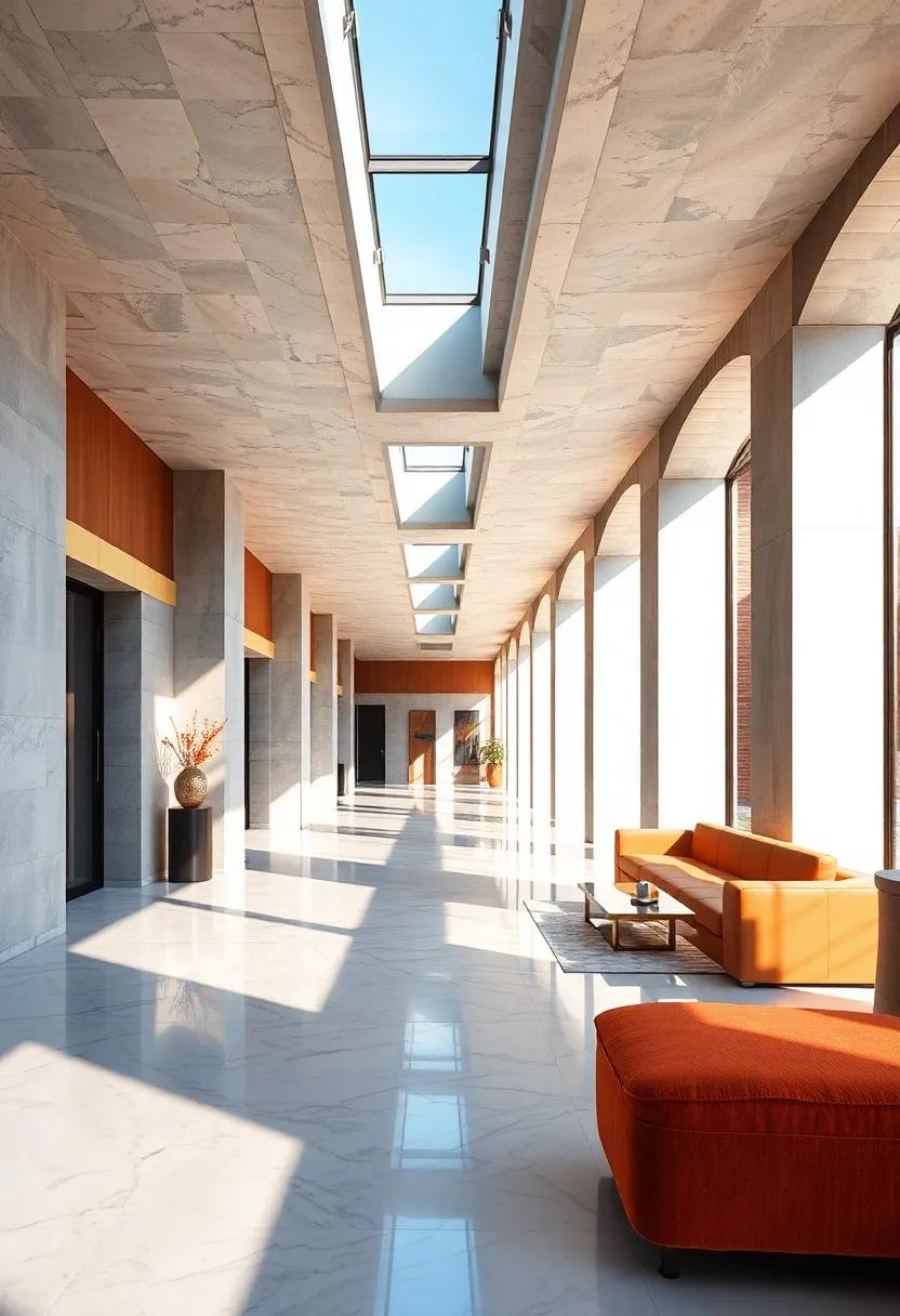 Skylights Casting Reflective Pools Of Light On Glossy Marble Floors In A Luxuriously Designed Long Hallway