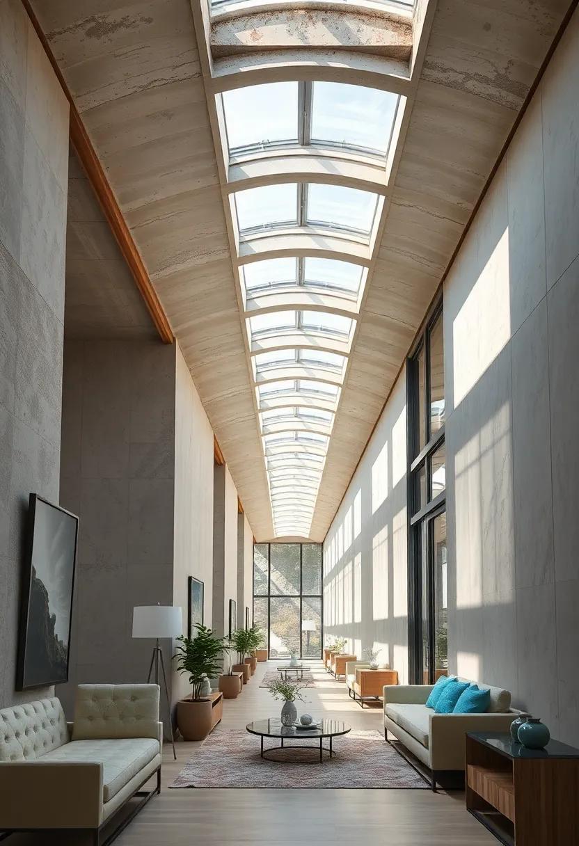 Skylights Enhancing The Visual Depth And Openness Of A Narrow Corridor With Curved Ceiling Features