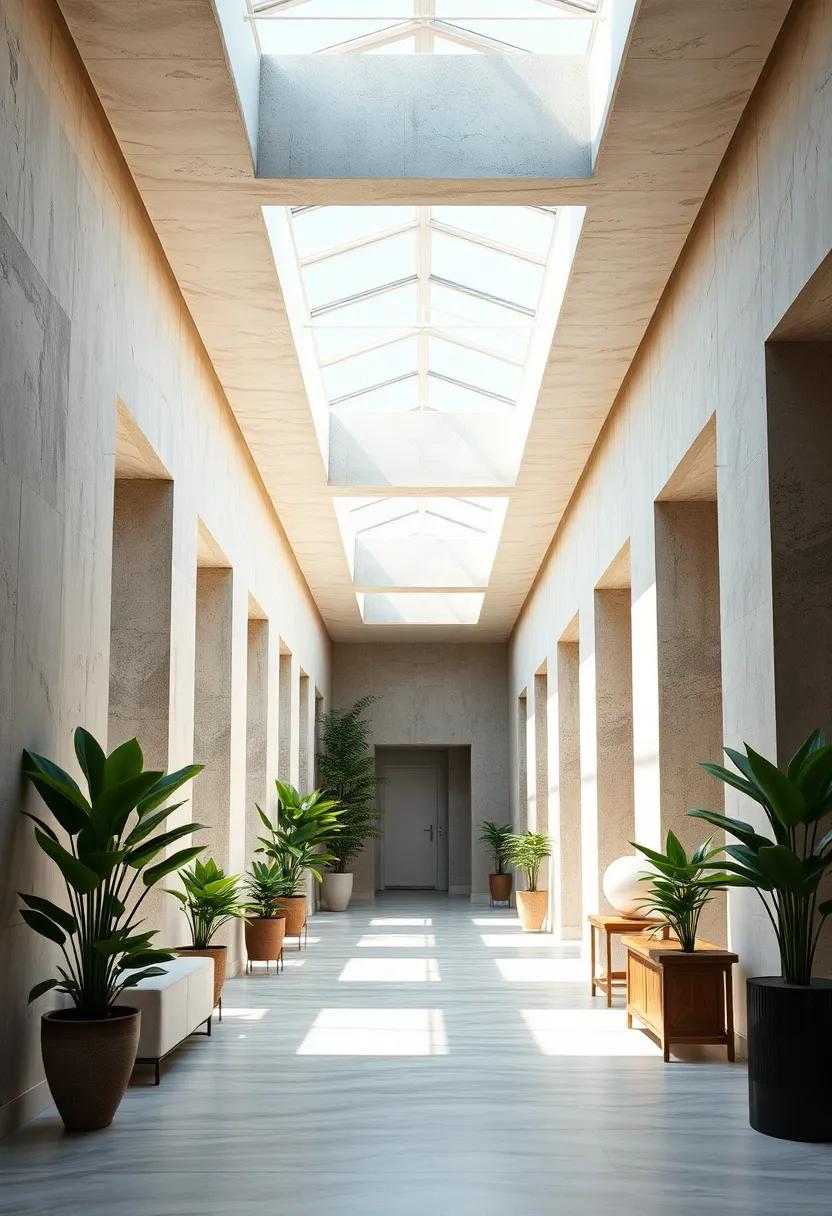 Soft Morning Light Pouring Through Skylights To Illuminate Green Indoor Plants Lining A Minimalist Passage