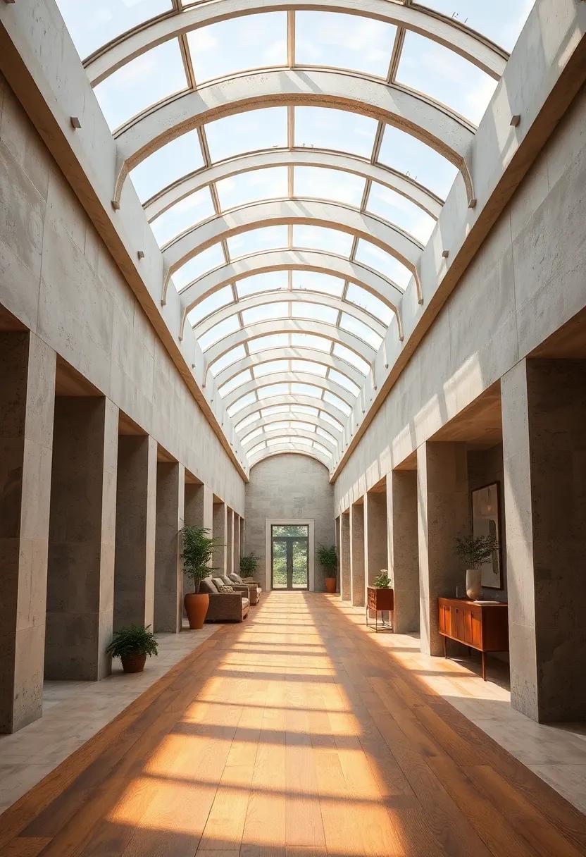 Sunlight Through Curved Skylights Creating Organic Light Patterns On A Corridor Floor Made Of Reclaimed Wood