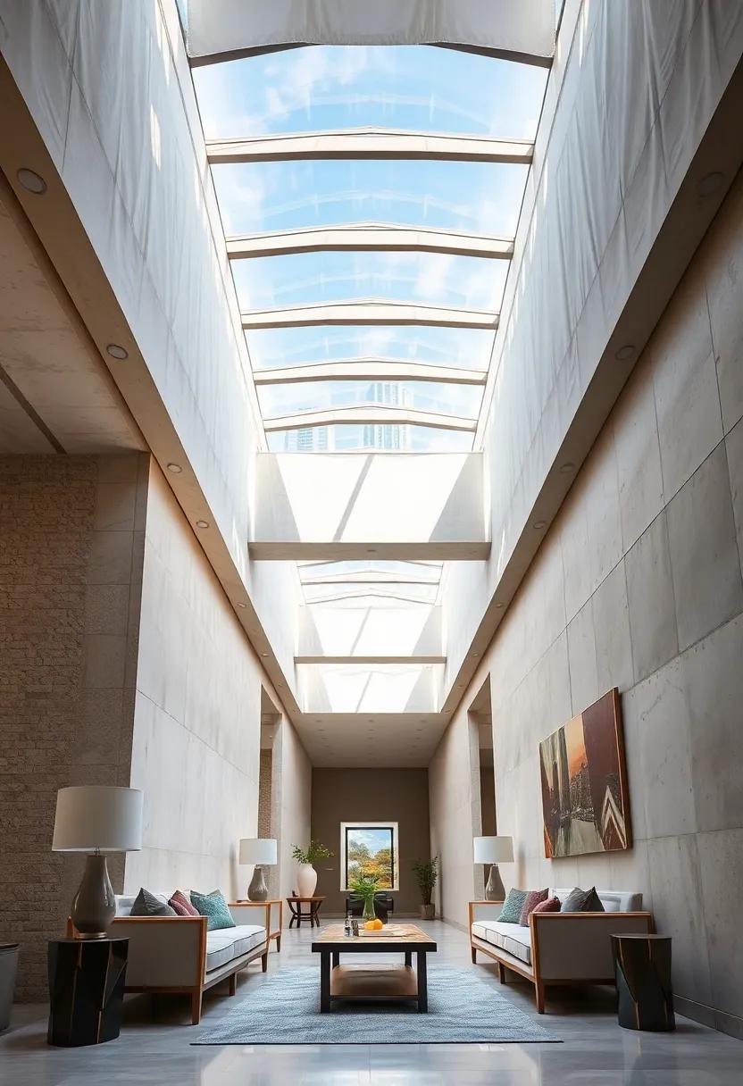 A Sunlit Corridor Featuring Skylights Framing Skyline Views Above A Pathway Lined With Contemporary Furniture