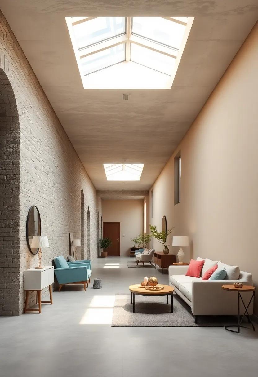 A Tranquil Corridor Illuminated By Skylights, Showcasing Soft Pastel Wall Colors And Scandinavian Furnishings