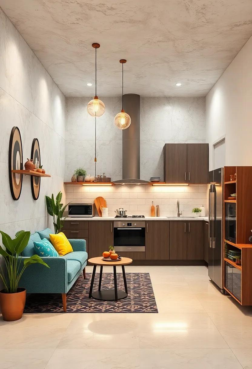 Elevating Small Kitchen Ceilings with Reflective Tiles and Hanging Pendant Lights to Create an Airy Feeling