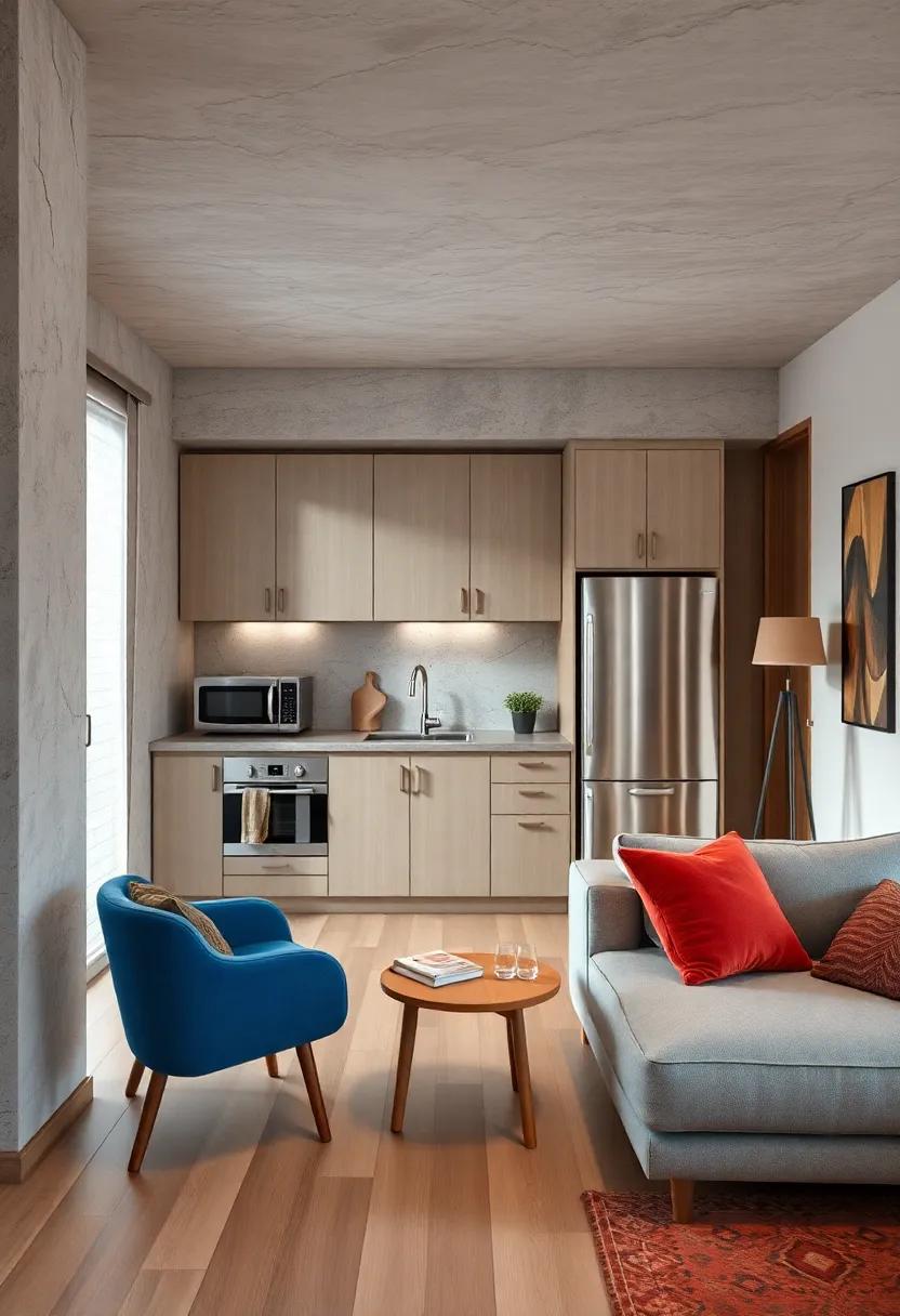 Merging Open Concept Layouts with Distinctive Zone Separators to Define Cooking Areas in Studio Apartments