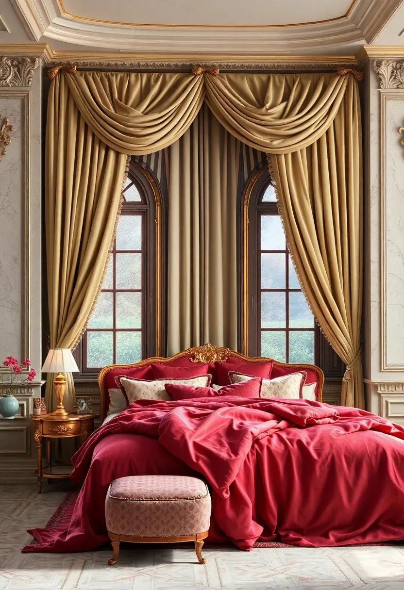 Lavish Drapery Layers Cascading Over Ornate Victorian Window Frames with Gold Trim Detailing