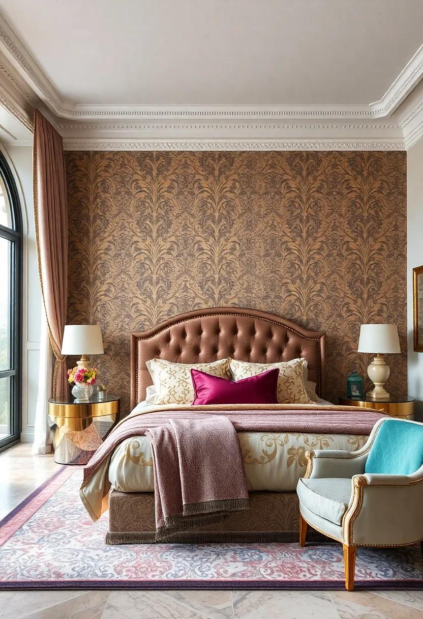 Rich Brocade Wallpaper Patterns Embellished with Gleaming Gold Leaf Motifs and Embossed Textures