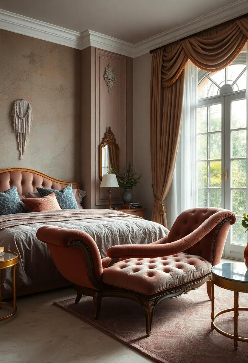 Richly Textured Velvet Chaise Lounge with Curved Gilded Wooden Legs Placed Beside a Lavishly Draped Window