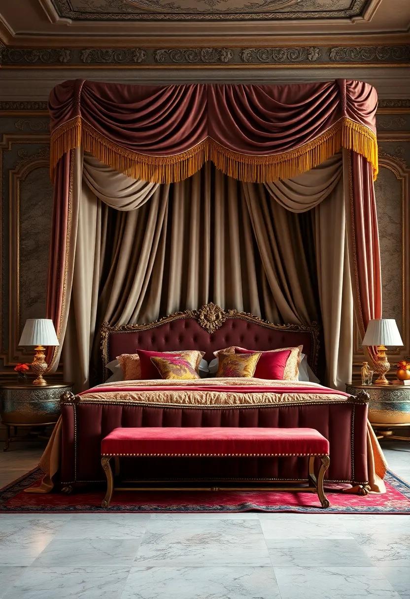 Lush Velvet Bed Canopy with Gold Embellished Tassels and Fringed Edges Creating a Sense of Royal Luxury