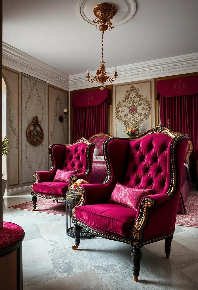 Opulent Canopy Bed Crowned with Heavy Silk Curtains and Lavish Tassels Set Against a Dark Jewel Tone Backdrop