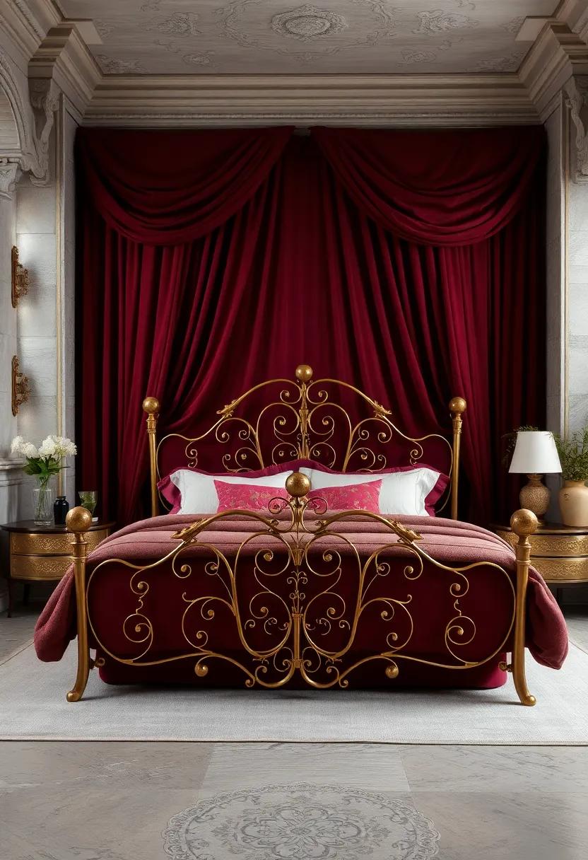 Gilded Ironwork Bed Frame with Curving Lines and Floral Accents Set Against Deep Draped Burgundy Velvet Walls