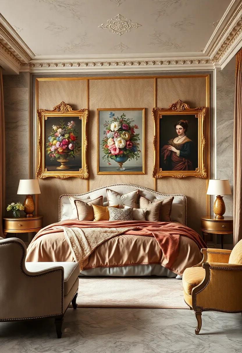 Opulent Gold Leaf Frames Surrounding Artworks of Victorian Floral Still Lifes and Ornate Classical Portraits