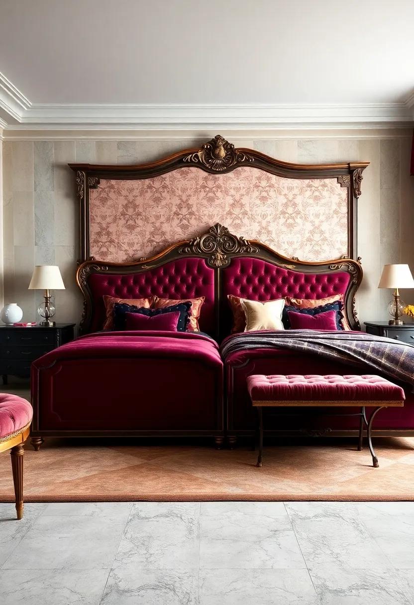 Sumptuous Velvet Upholstered Beds with Intricate Carved Wood and Gilded Accents in a Victorian Bedroom
