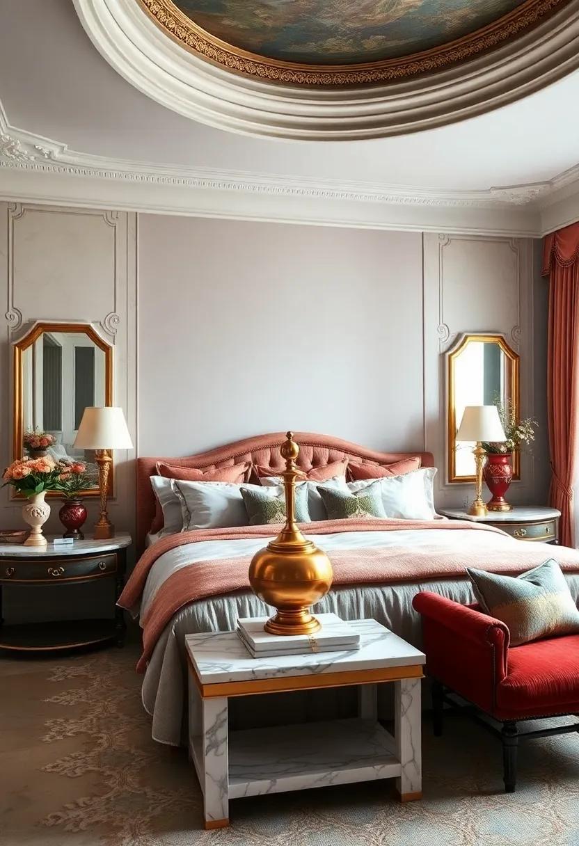 Sculptural Gold Accent Pieces Displayed on Antique Marble Mantels in the Heart of Maximalist Bedrooms