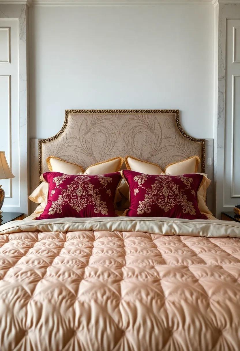 Exquisite Gold Embroidered Throw Pillows Layered on Plush Quilted Bedding with Velvet and Satin Textures