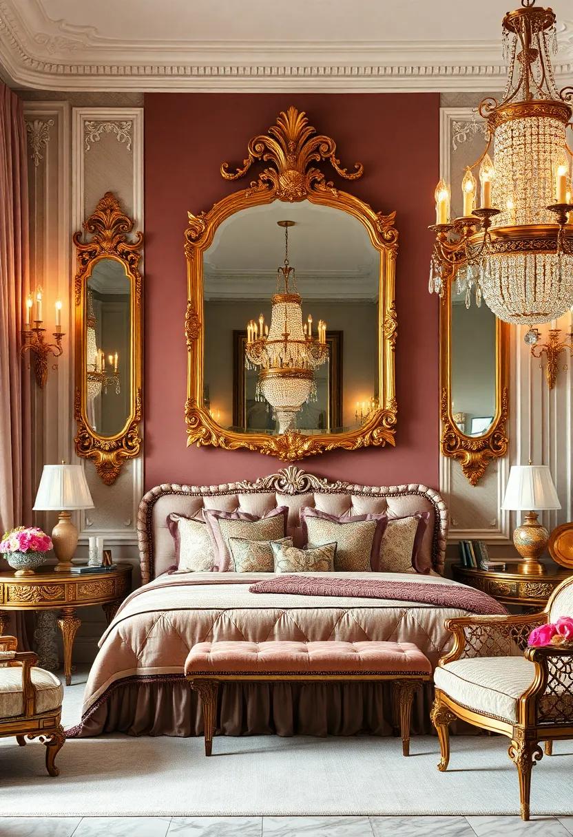 Handcrafted Gilded Mirrors with Elaborate Flourishes Reflecting the Warm Glow of Crystal Chandeliers