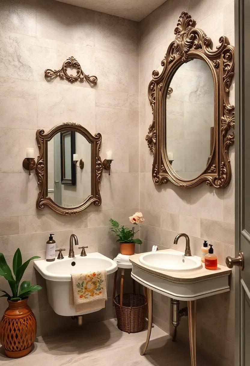 Ornate Mirrors with Patina Frames Reflecting Shabby Chic Bathroom Glamour and Depth