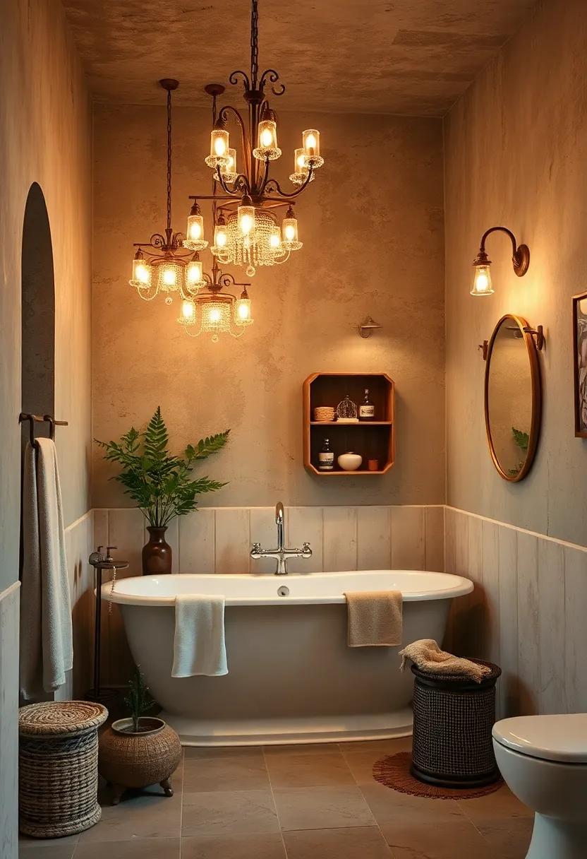 Delightful Clustered Chandeliers Casting Warm Glows over Rustic Chic Bathroom Settings