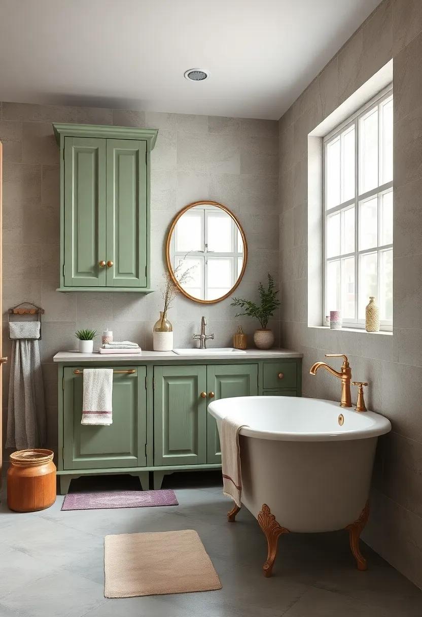 Worn Marble Countertops Paired with Rustic Brass Faucets for Classic Bathroom Sophistication